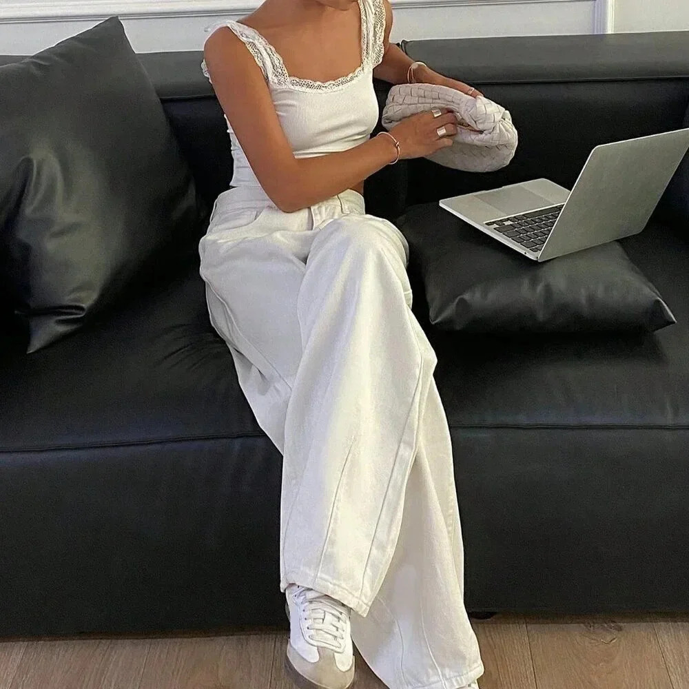 White Casual Women's Solid Color Loose Denim Pants